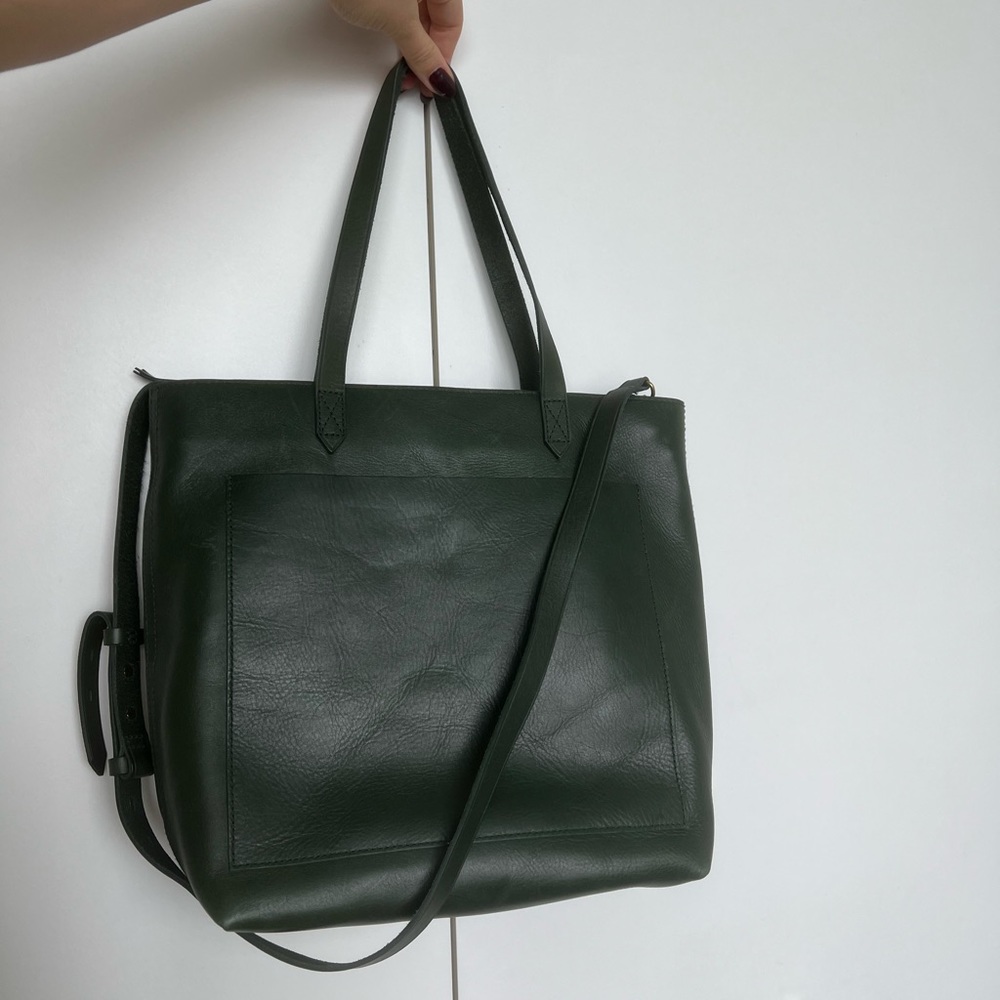 Madewell Dark Green Leather Tote with Crossbody Strap